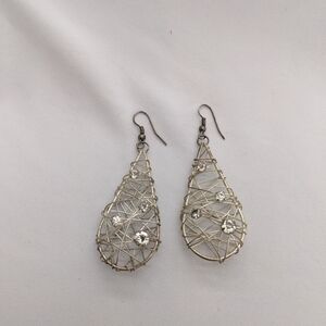 Elegant Vintage Silver Tone Wire Wrapped Rhinestone Teardrop Earrings